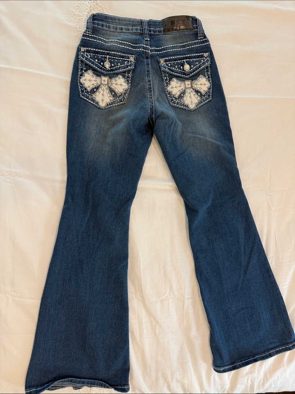 Sky Dark Blue Flare Jeans with White Cross Pocket size 3/4